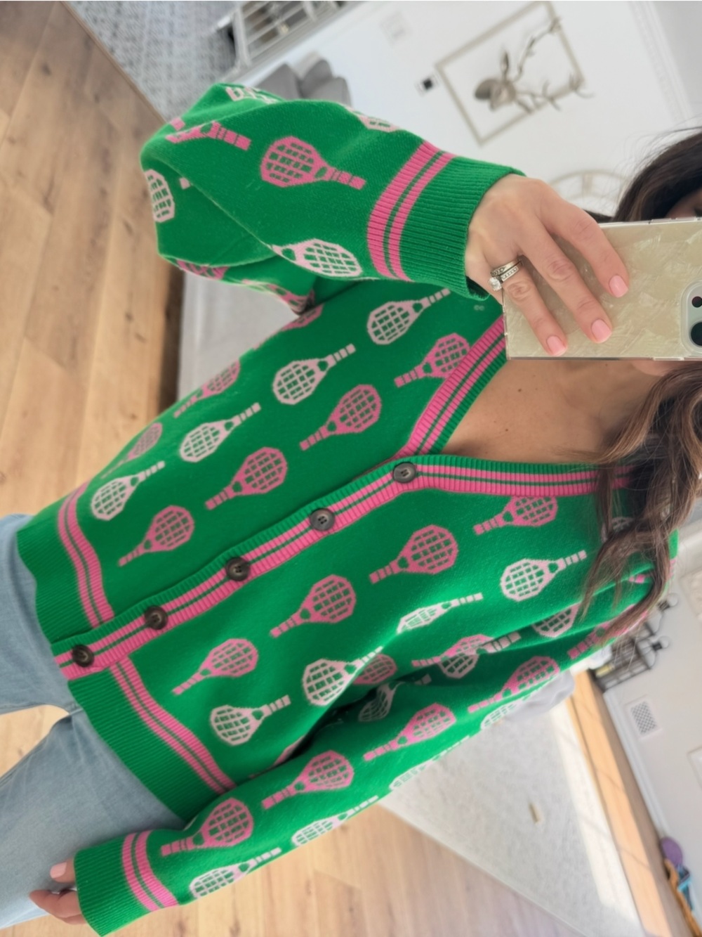 Green & Pink Tennis Motif Cardigan Sweater Jacket🚌